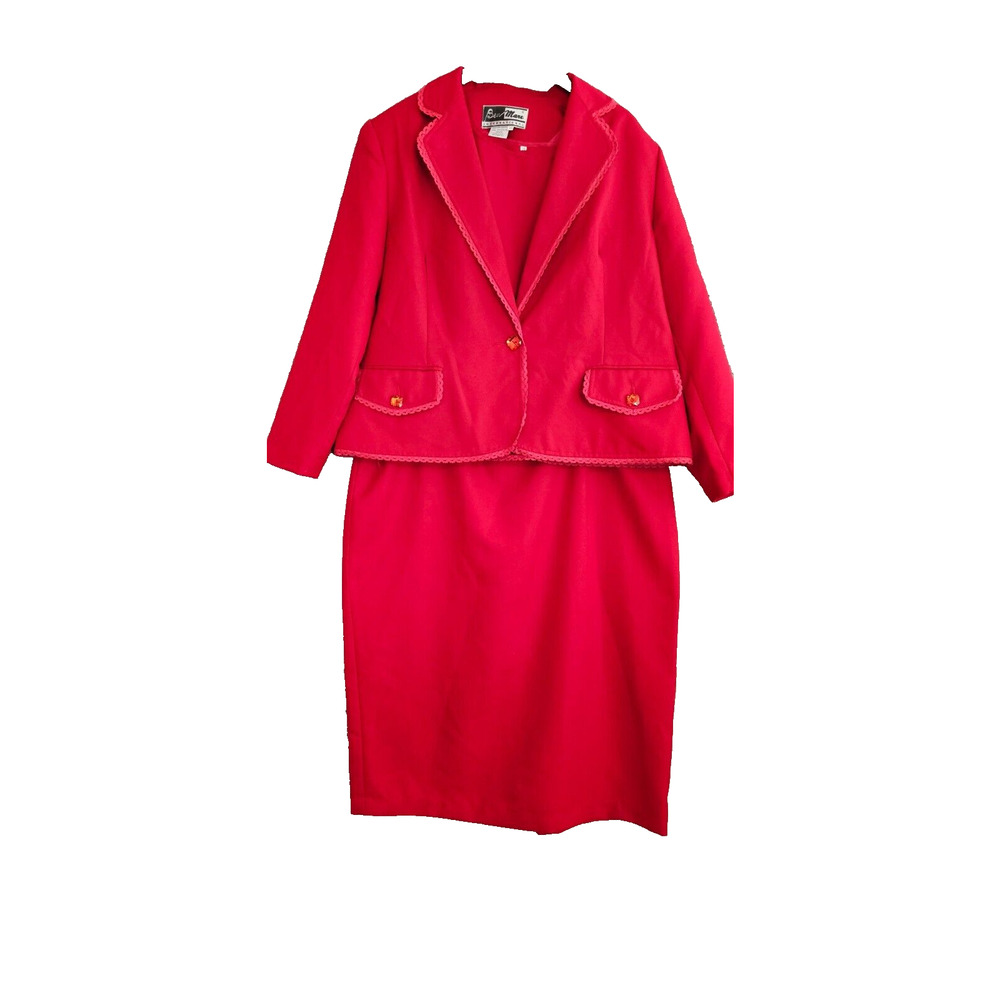Ben Marc 3 Piece Formal RED‎ Jacket Top & Skirt Church Suit Lace Trim Lined 16